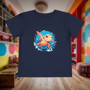 Flat lay of a navy toddler t-shirt with a colorful sea turtle swimming through water, set in a playful room.