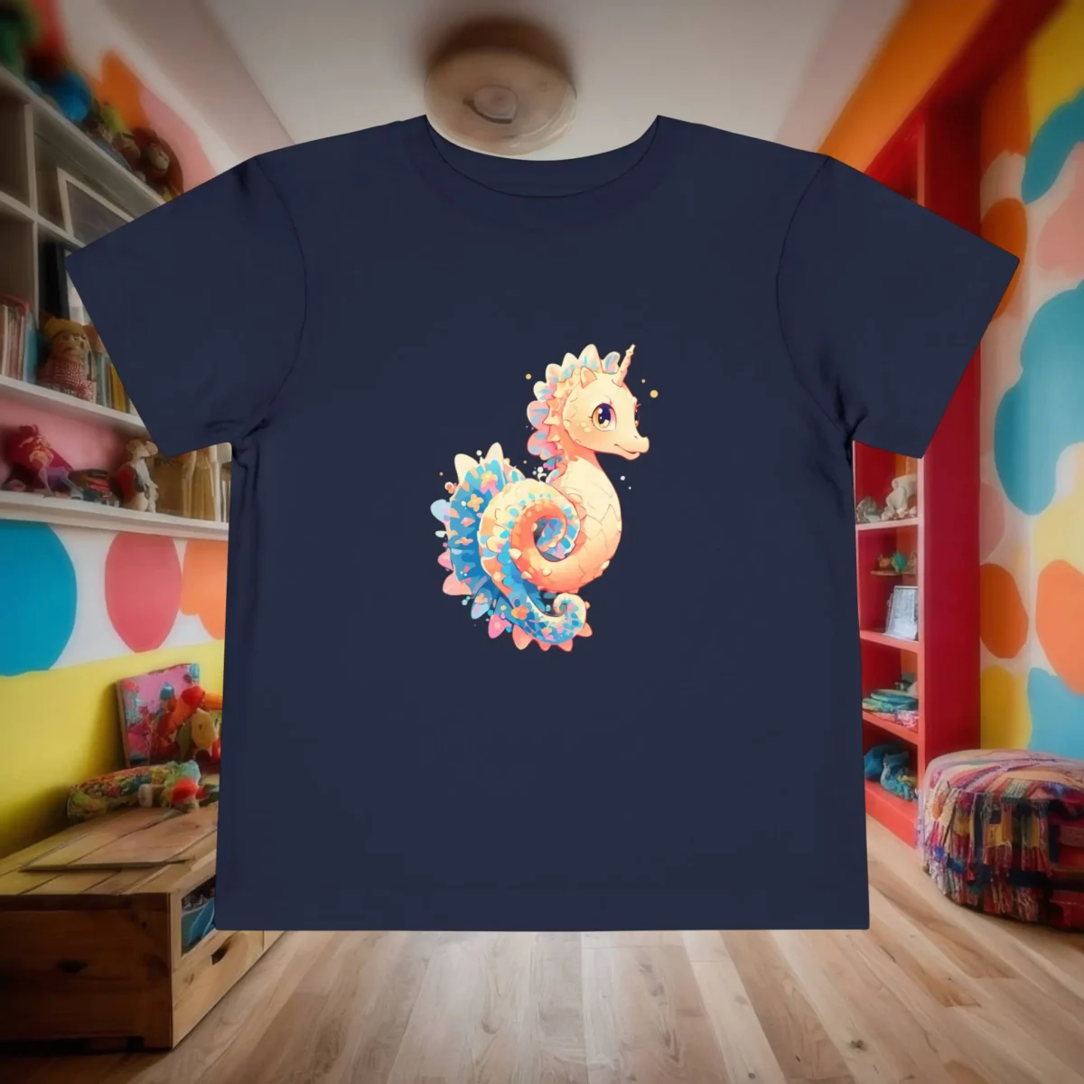 Flat lay of a navy toddler t-shirt with a colorful fantasy seahorse character design.
