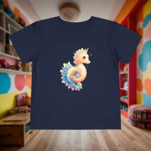 Flat lay of a navy toddler t-shirt with a colorful fantasy seahorse character design.
