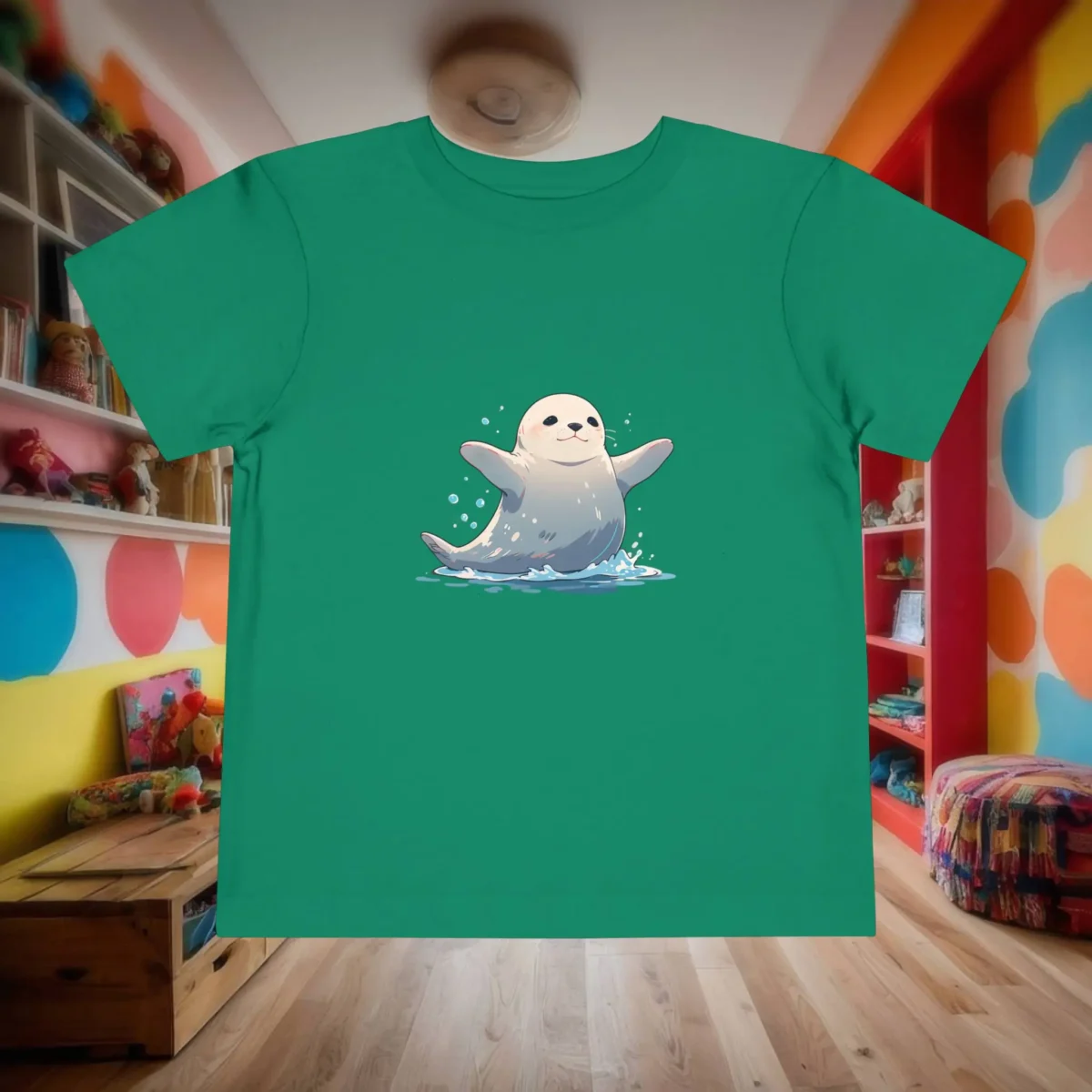 Flat lay of a green toddler t-shirt with a cute cartoon seal splashing in water.