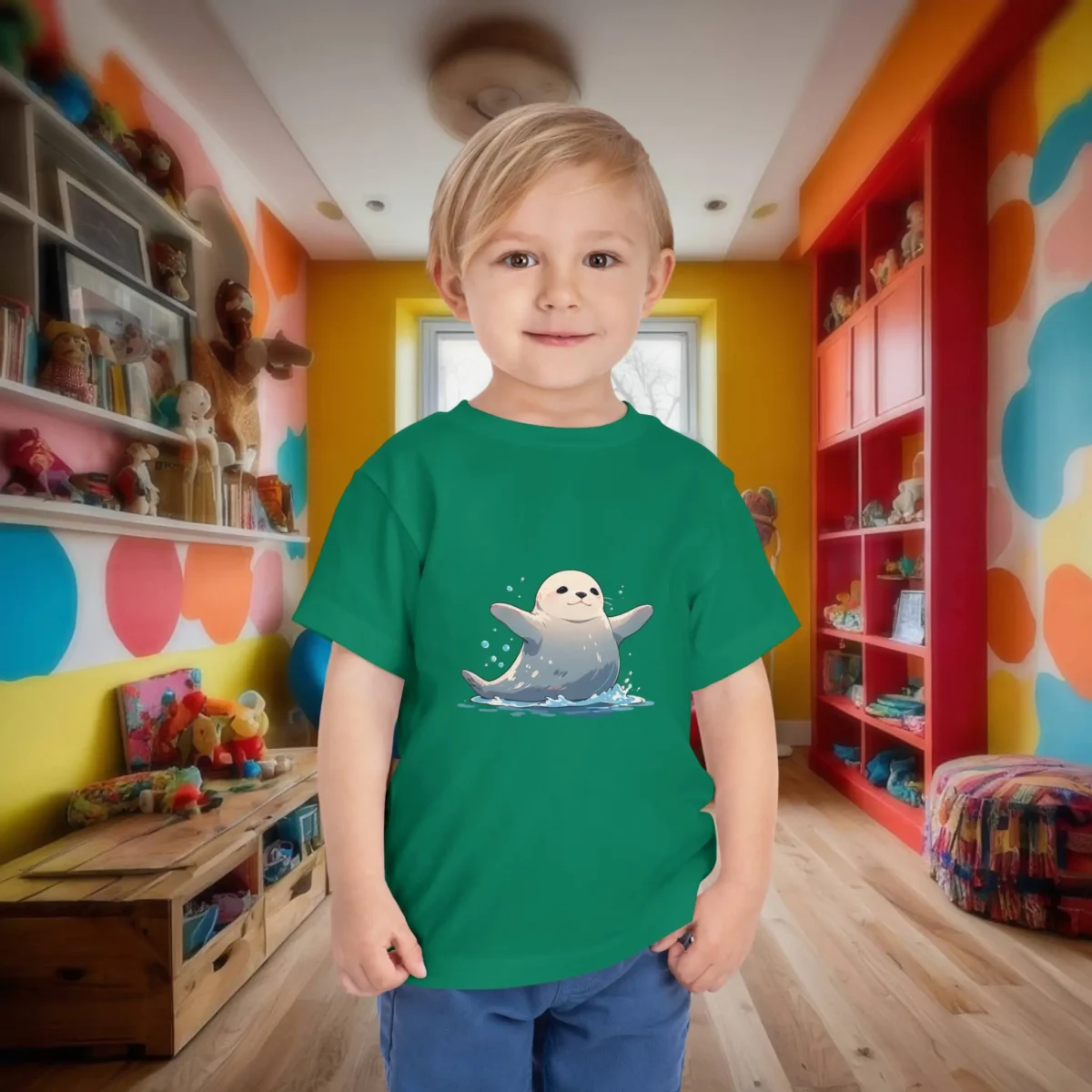 Toddler wearing a green t-shirt with a smiling cartoon seal splashing in water, standing in a bright kids’ room.