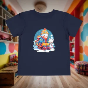 Flat lay of a navy toddler t-shirt with a colorful winter sledding illustration of a child and animals.