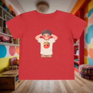 Flat lay of a red toddler t-shirt with an illustration of a smiling boy wearing a shirt featuring a happy cartoon fig.