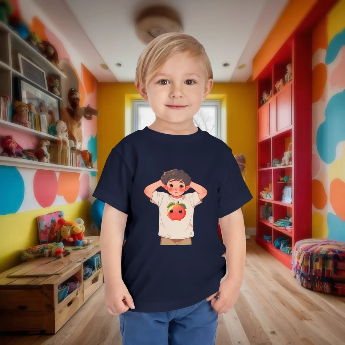 Toddler in navy t-shirt with a cartoon of a smiling fig fruit and cheerful boy graphic.