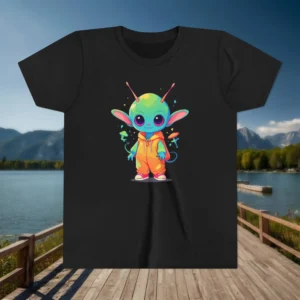 Flat black kids T-shirt with a colorful cartoon alien wearing an orange hoodie