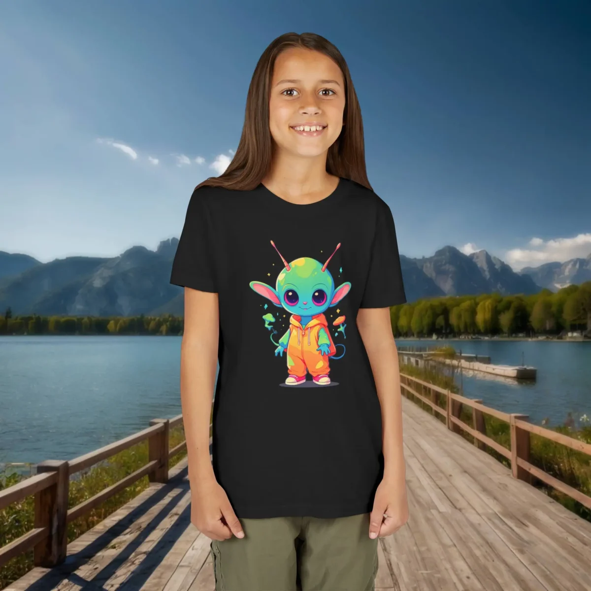 Youth wearing a black T-shirt with a cute colorful alien in an orange outfit