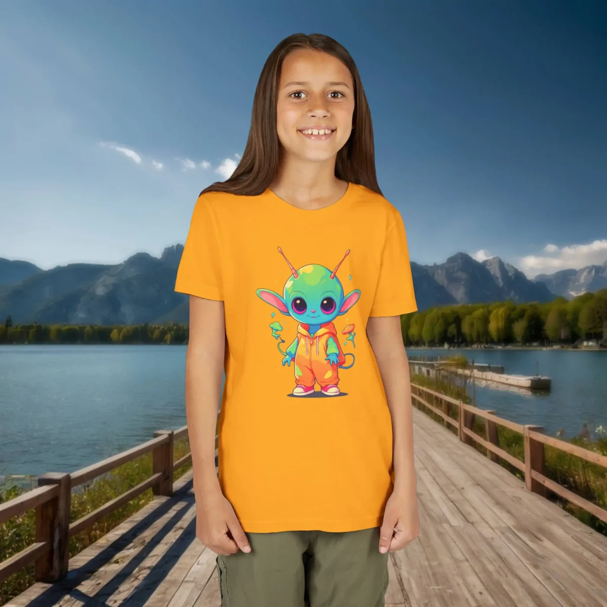 Child wearing an orange T-shirt with a colorful cute alien character design