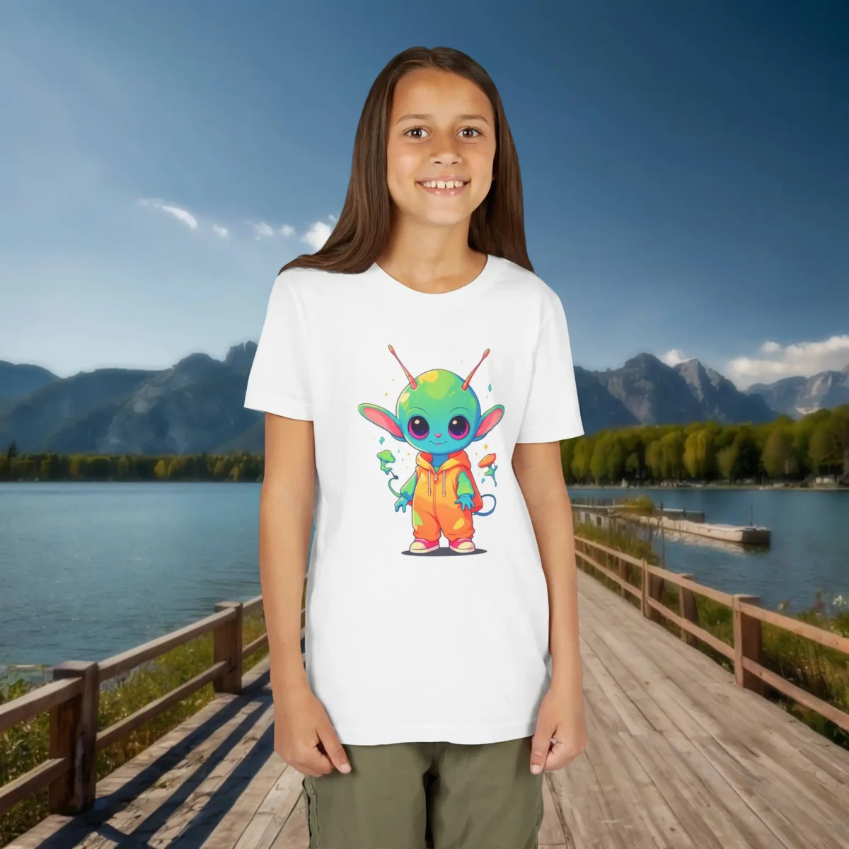 Girl wearing a white T-shirt with a colorful cartoon alien in an orange hoodie