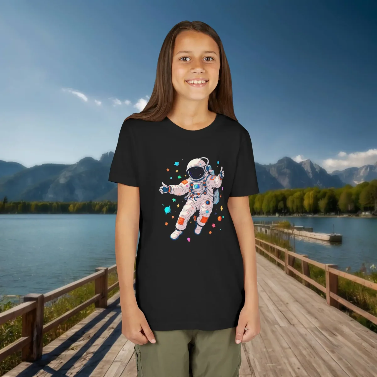 Child wearing a black T-shirt with a colorful floating astronaut and space stars
