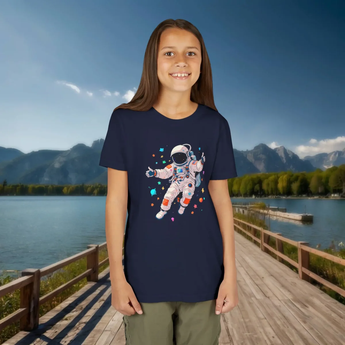 Navy blue youth T-shirt worn by a girl with a floating astronaut surrounded by stars