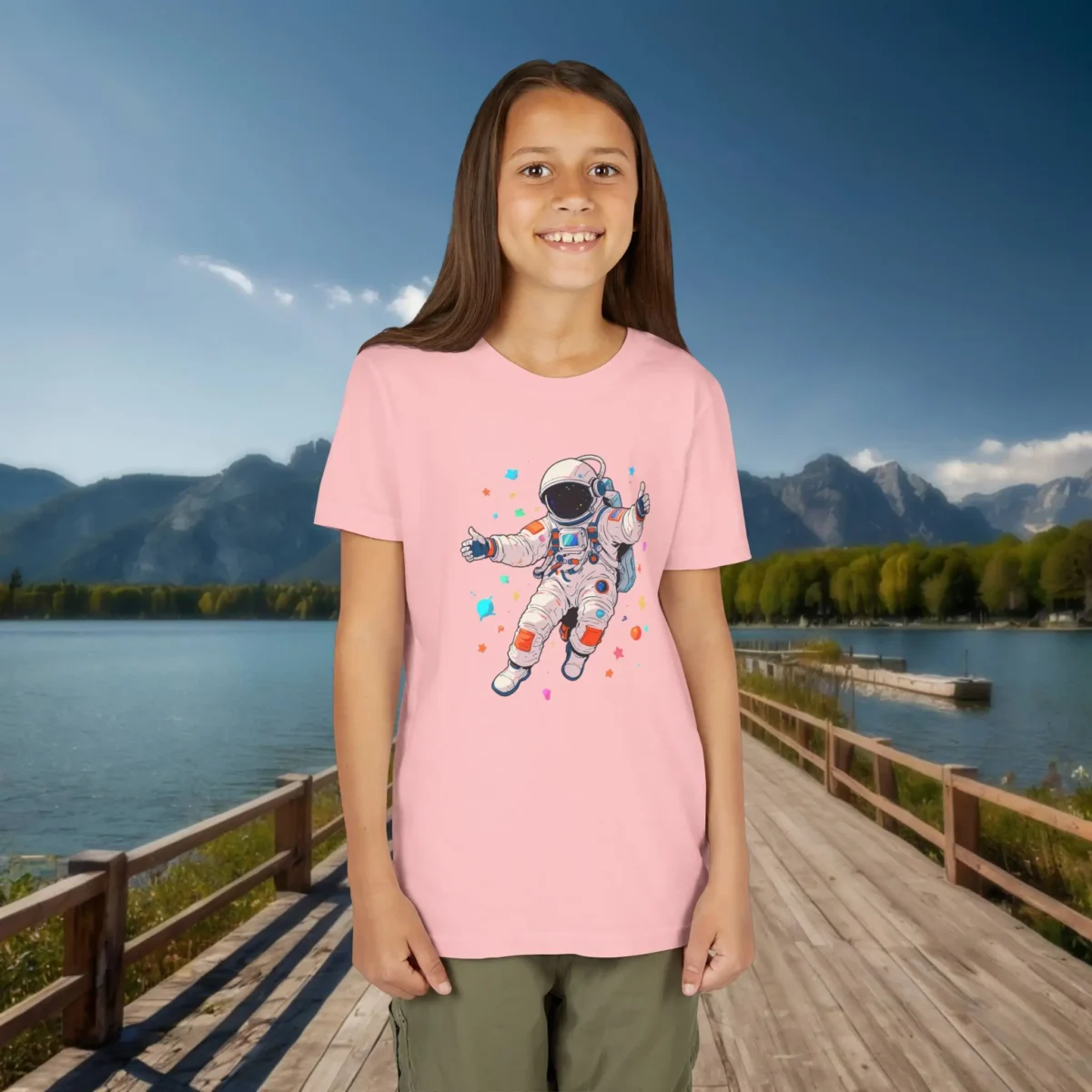 Girl wearing a pink T-shirt with a colorful astronaut floating in space design