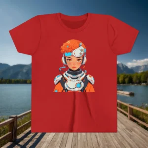 Child wearing a red T-shirt featuring a futuristic cyborg girl with orange hair and high-tech armor