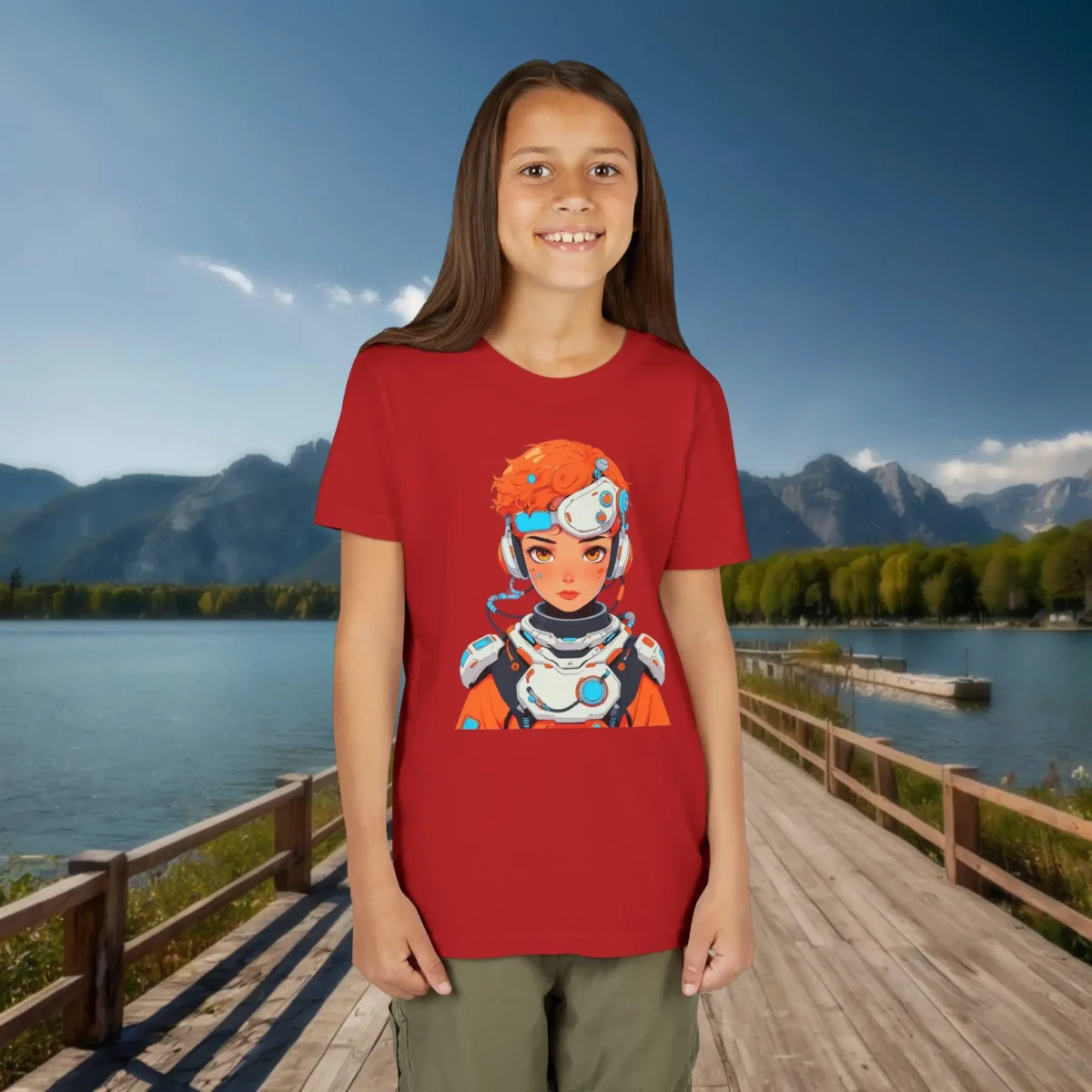 Child wearing a red T-shirt featuring a futuristic cyborg girl with orange hair and high-tech armor