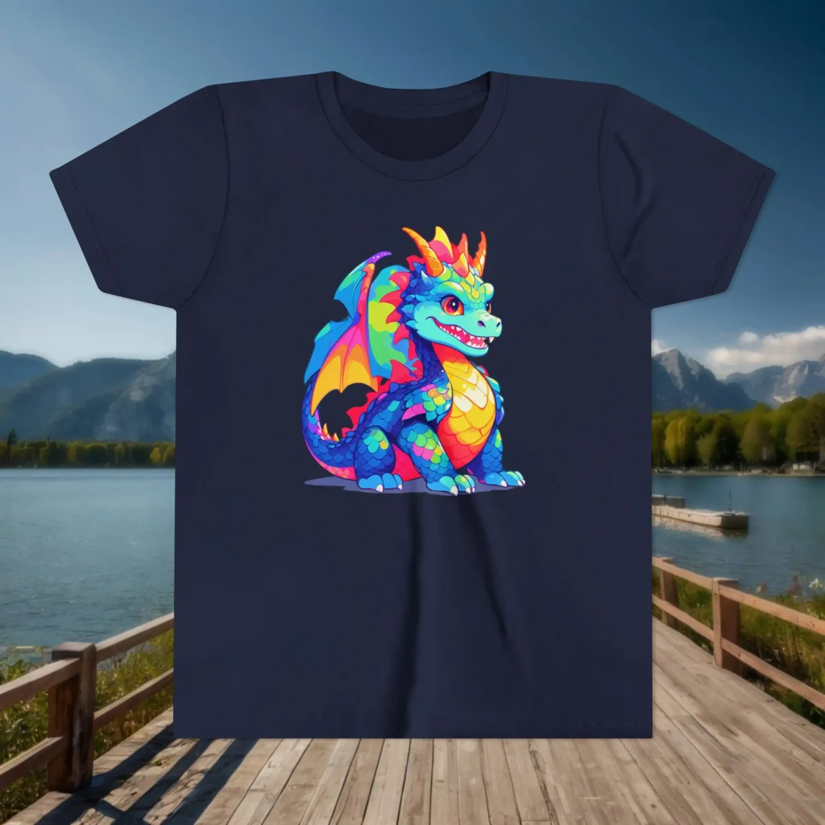 Flat navy youth T-shirt featuring a vibrant cartoon dragon with rainbow colors