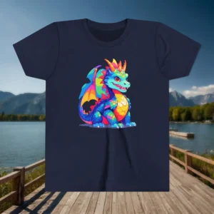 Flat navy youth T-shirt featuring a vibrant cartoon dragon with rainbow colors