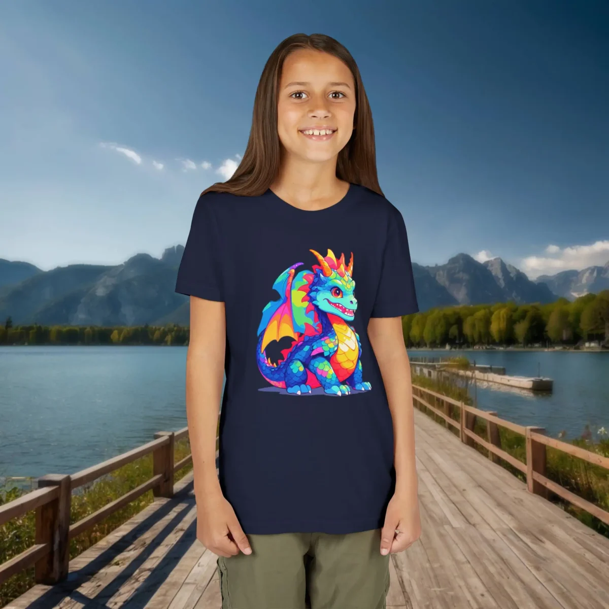 Girl wearing a navy blue T-shirt with a colorful cartoon dragon design
