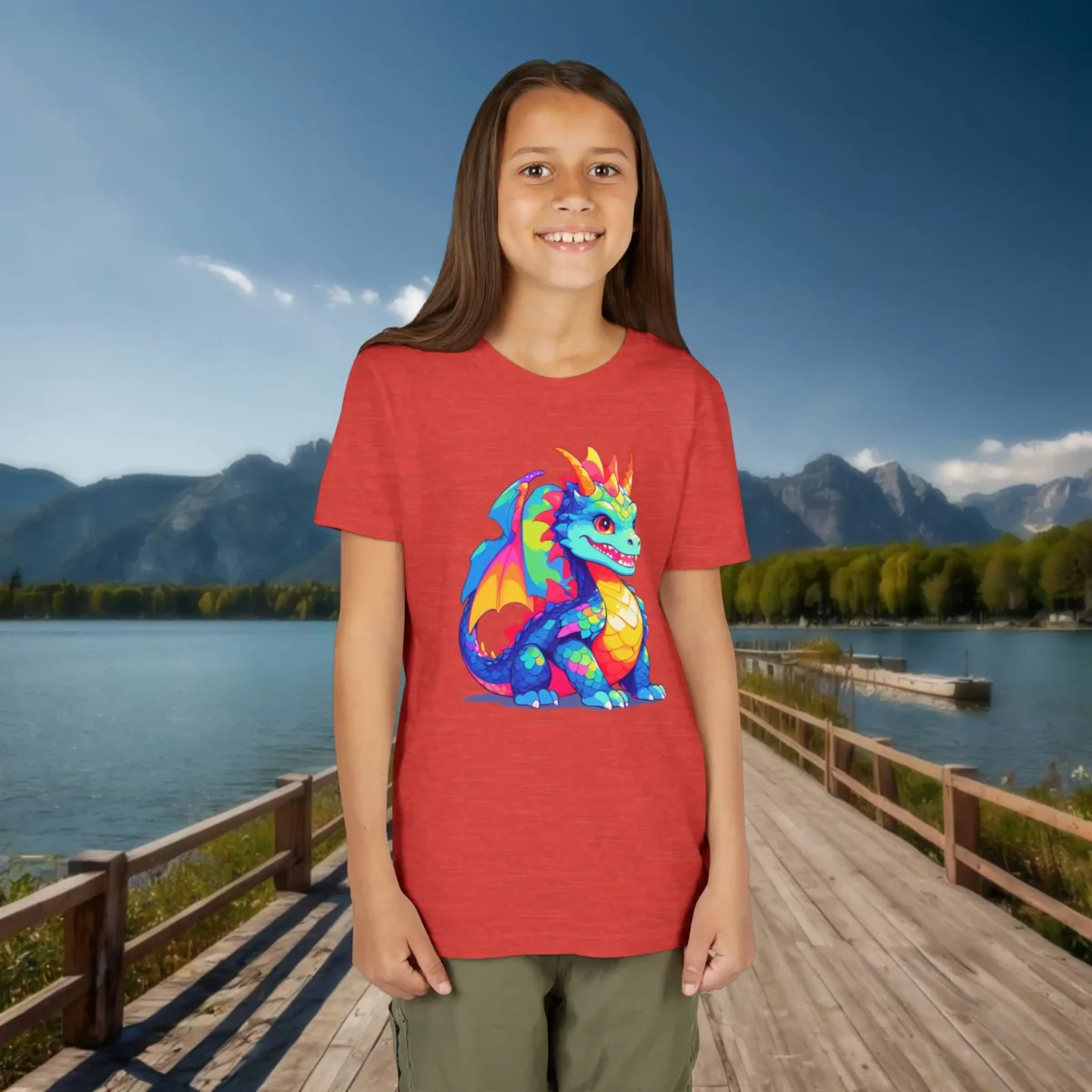 Girl wearing a red heather T-shirt with a vivid cartoon dragon graphic
