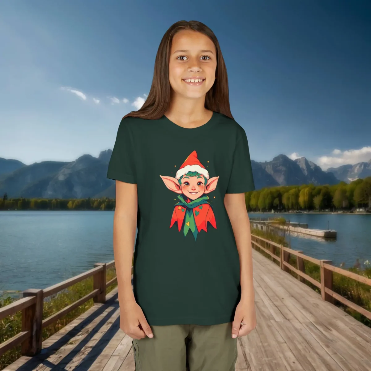 Girl wearing a dark green T-shirt with a colorful smiling elf holiday design