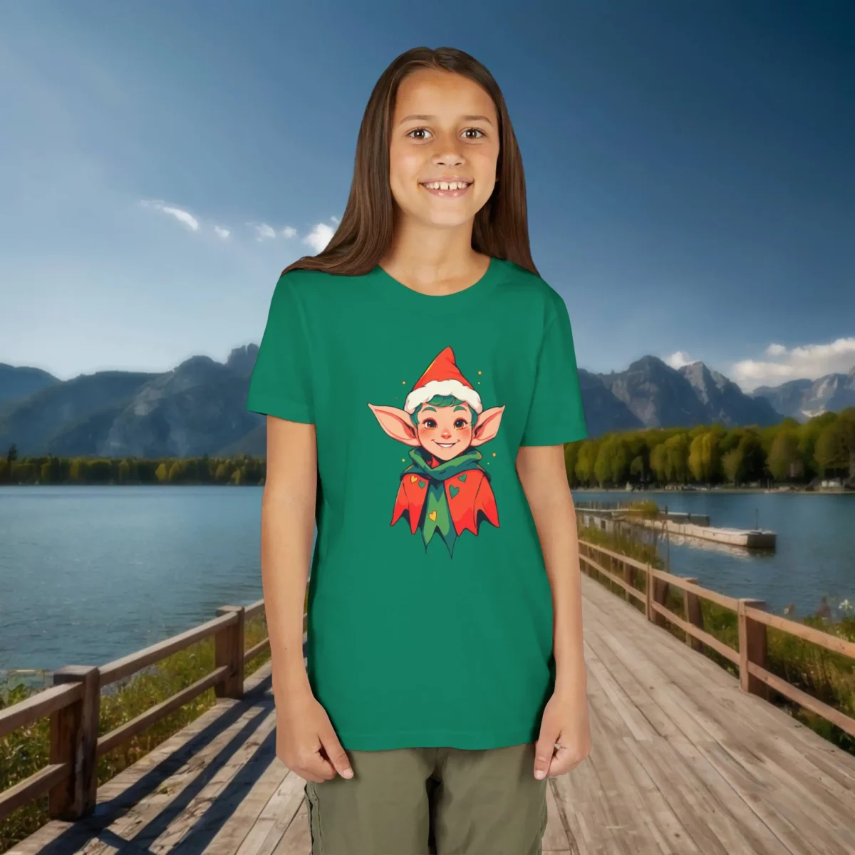 Girl wearing a green T-shirt with a smiling Christmas elf character illustration