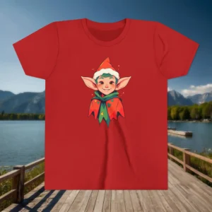 Flat red youth T-shirt with an illustrated smiling elf in Christmas outfit