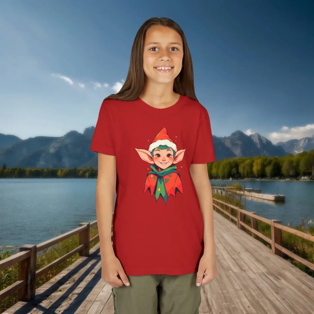 Child wearing a red T-shirt with a cheerful Christmas elf design