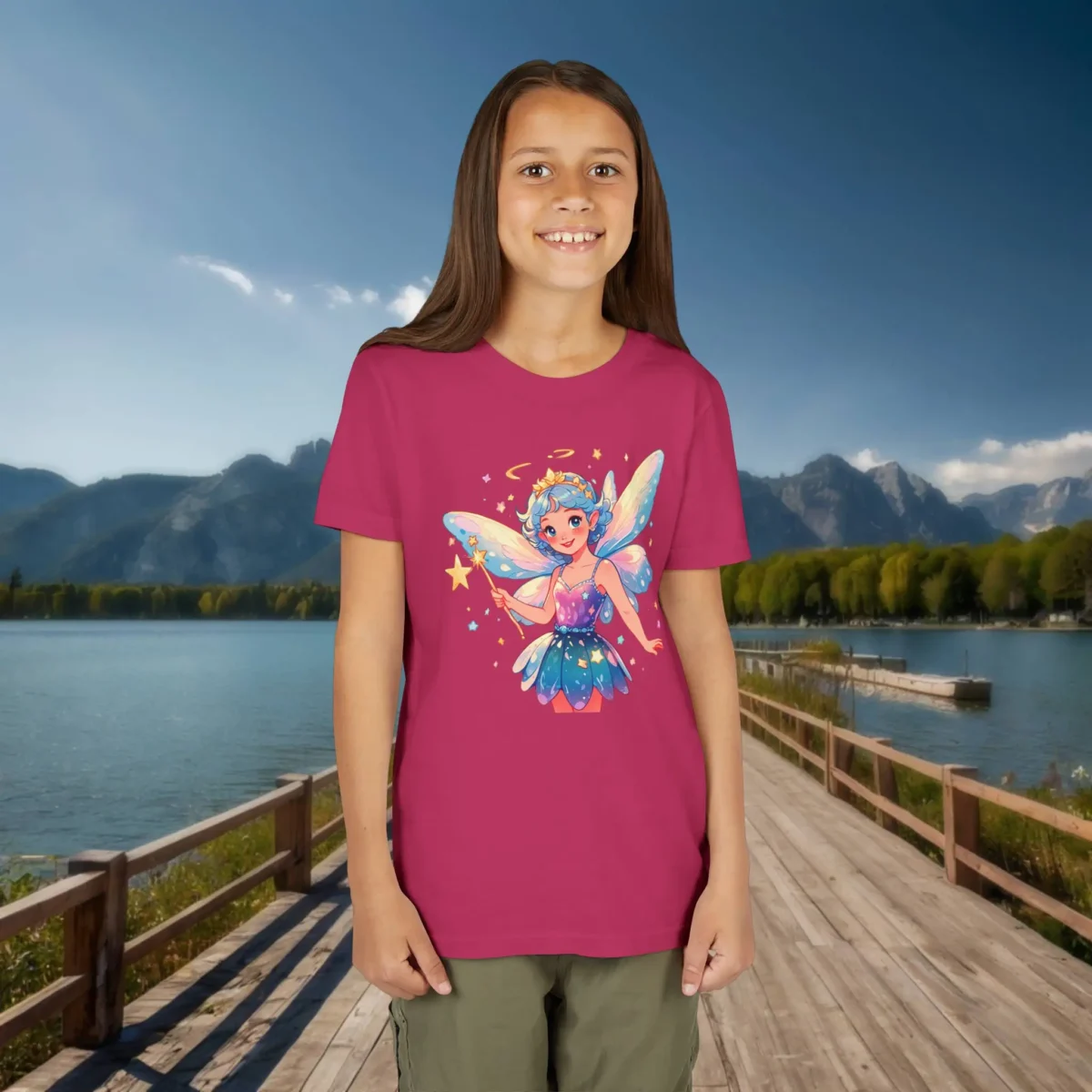 Child wearing a fuchsia T-shirt with a whimsical fairy design holding a wand and surrounded by stars