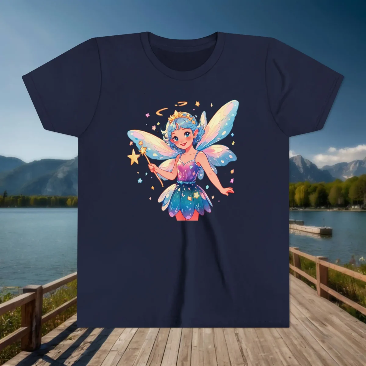 Flat navy youth T-shirt with an illustrated fairy holding a star wand and surrounded by sparkles