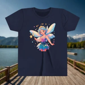Flat navy youth T-shirt with an illustrated fairy holding a star wand and surrounded by sparkles