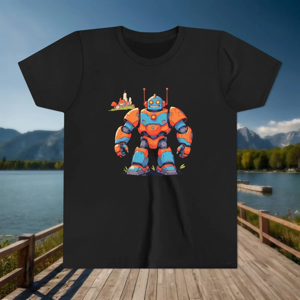 Flat black youth T-shirt with a colorful cartoon-style giant robot next to a small village
