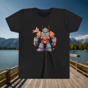 Flat black youth T-shirt with a colorful cartoon-style giant robot next to a small village