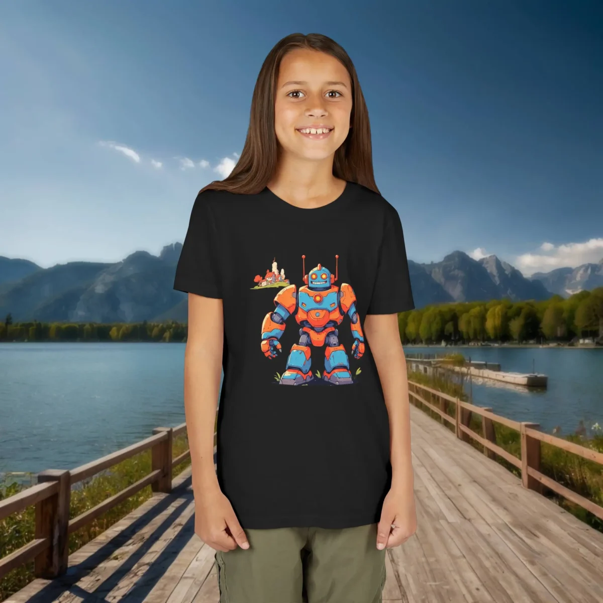 Girl wearing a black T-shirt with a colorful giant robot standing next to a cartoon village