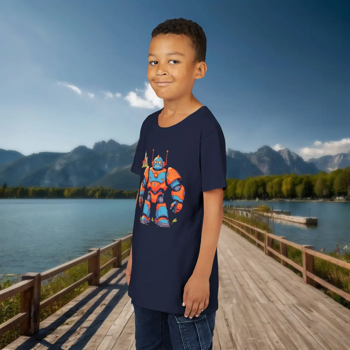 Boy wearing a navy T-shirt with a large orange and blue cartoon robot and small buildings in the background