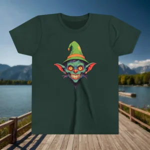 Flat dark green youth T-shirt with a cartoon goblin face wearing a green hat
