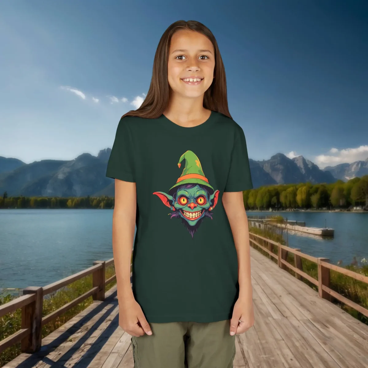 Girl wearing a dark green T-shirt with a colorful and spooky goblin head illustration