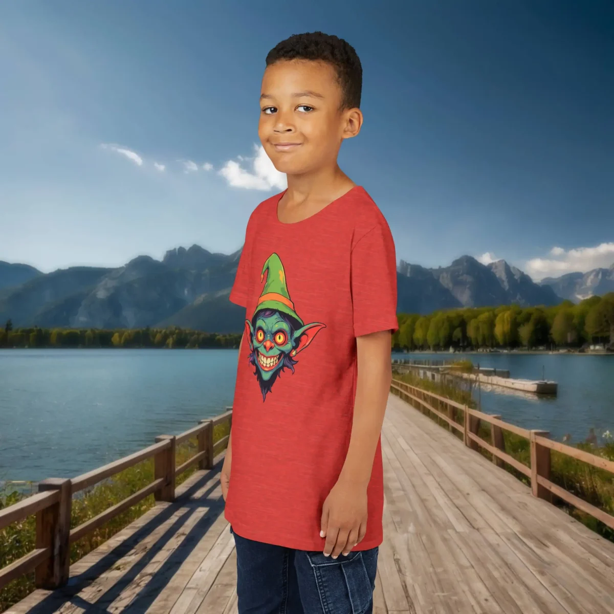Boy wearing a red heather T-shirt with a creepy cartoon goblin head wearing a green hat