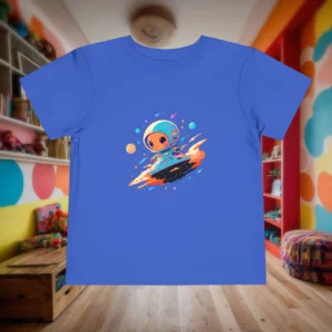 Flat lay of blue toddler t-shirt with a colorful cartoon alien in a spaceship.