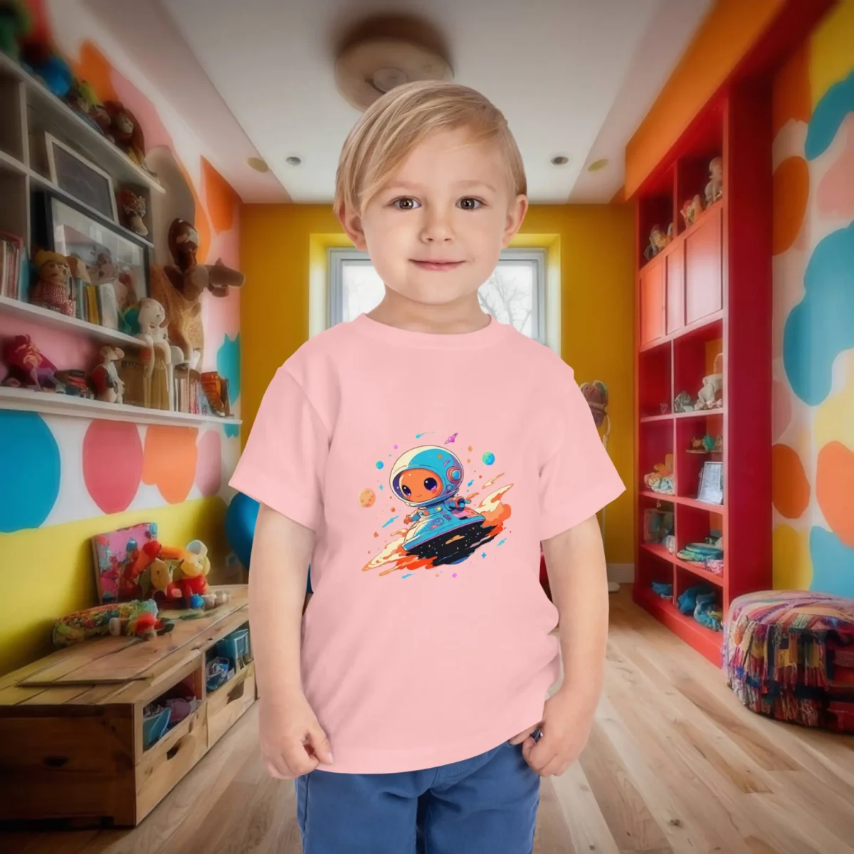Toddler in a pink t-shirt with a colorful cartoon alien flying a spaceship.