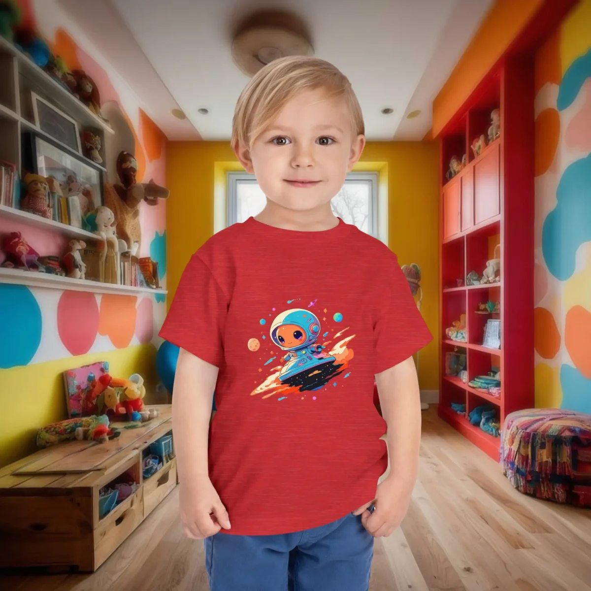 Toddler wearing a red t-shirt with a cute cartoon alien in a spaceship illustration.