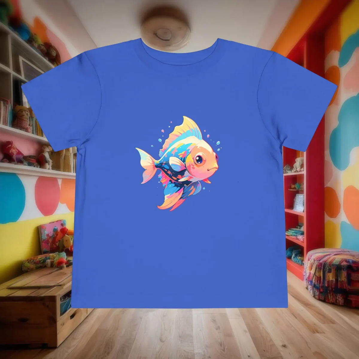 Flat lay of blue toddler t-shirt with a bright and cute angelfish graphic.