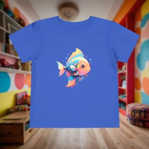 Flat lay of blue toddler t-shirt with a bright and cute angelfish graphic.