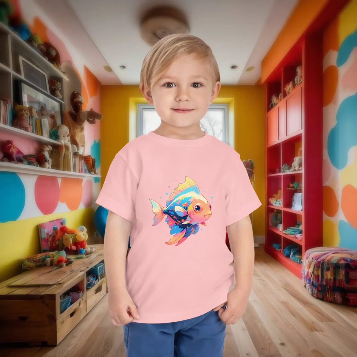 Toddler in a pink t-shirt with a cute, brightly colored angelfish graphic.