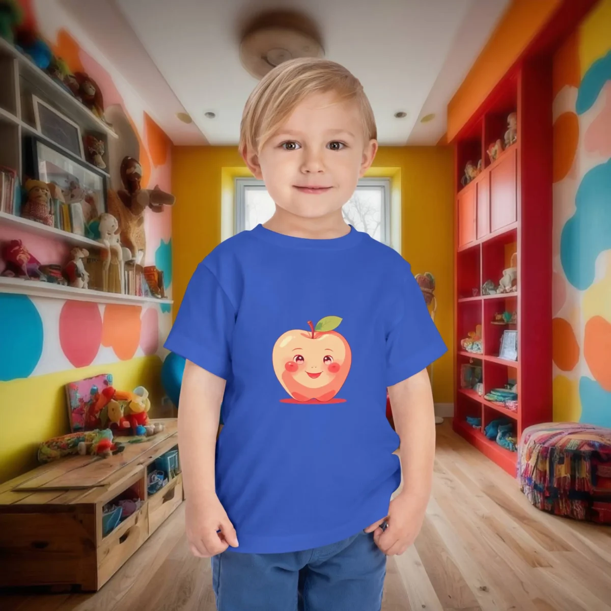 Toddler in a blue t-shirt with a cute apple cartoon face.