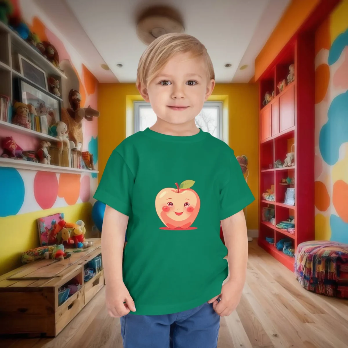 Toddler wearing a green t-shirt with a smiling cartoon apple illustration.