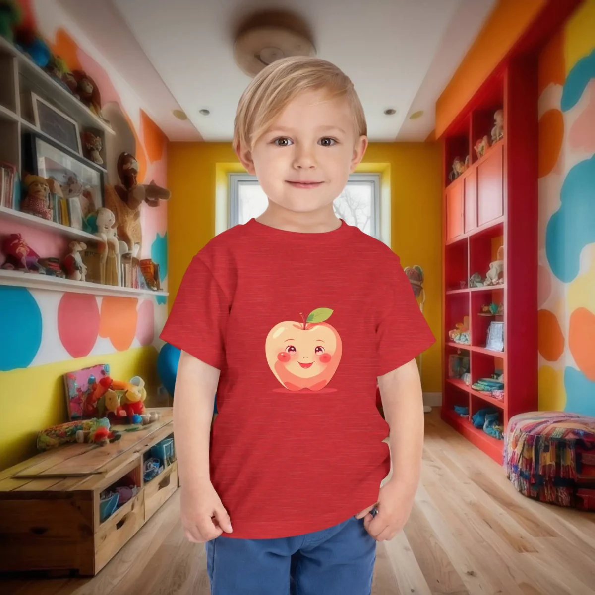Toddler boy in a red heather t-shirt with a happy cartoon apple design.