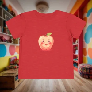 Flat lay of red toddler t-shirt with a cartoon apple character in the center.