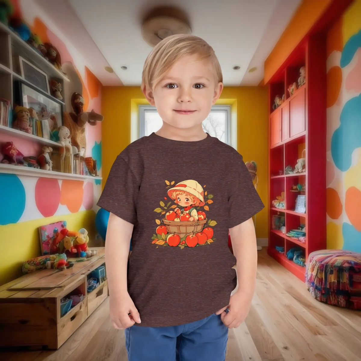 Toddler wearing a brown t-shirt with a cartoon child picking apples from a basket.