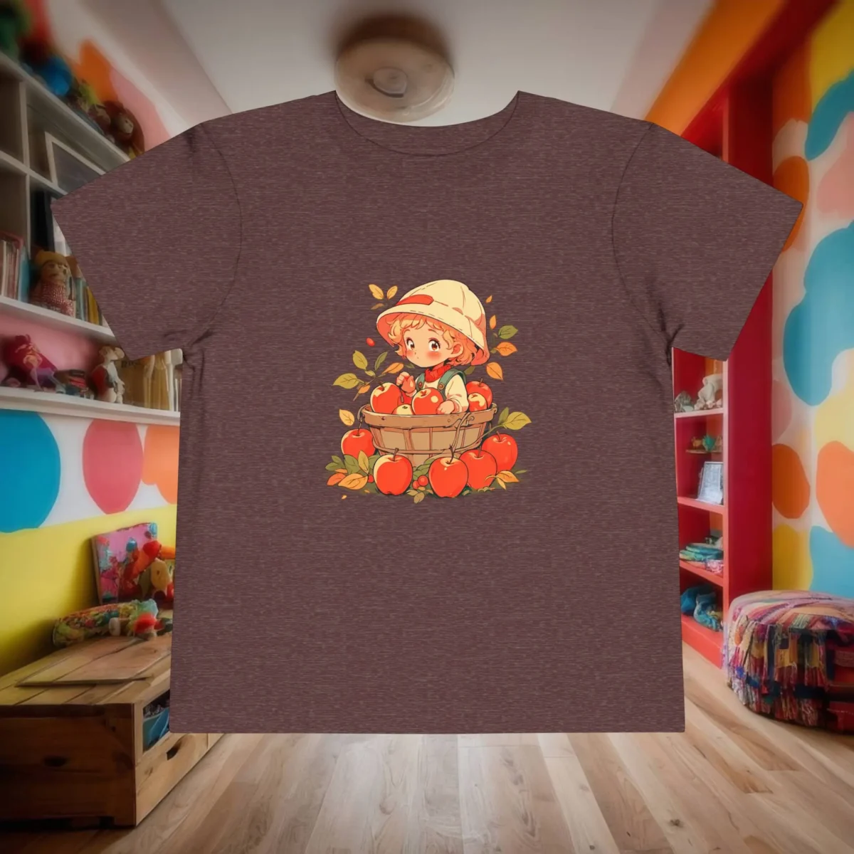 Flat lay of brown toddler t-shirt with a cute apple picking cartoon design.