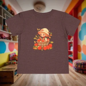 Flat lay of brown toddler t-shirt with a cute apple picking cartoon design.