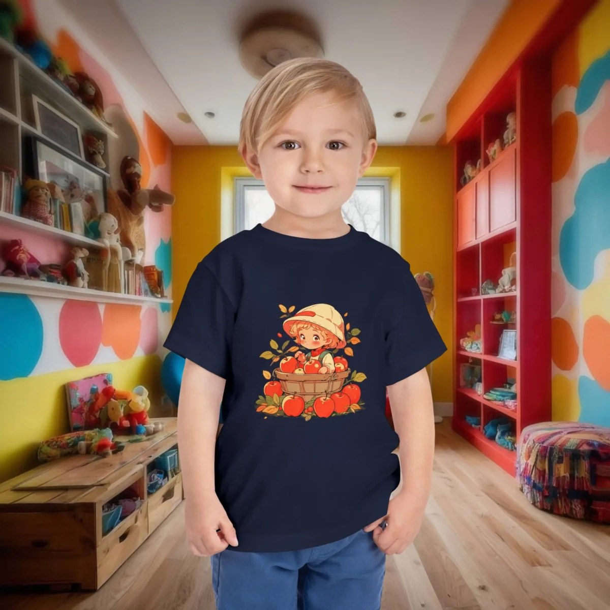 Toddler in navy t-shirt with a cartoon of a child picking apples from a basket.