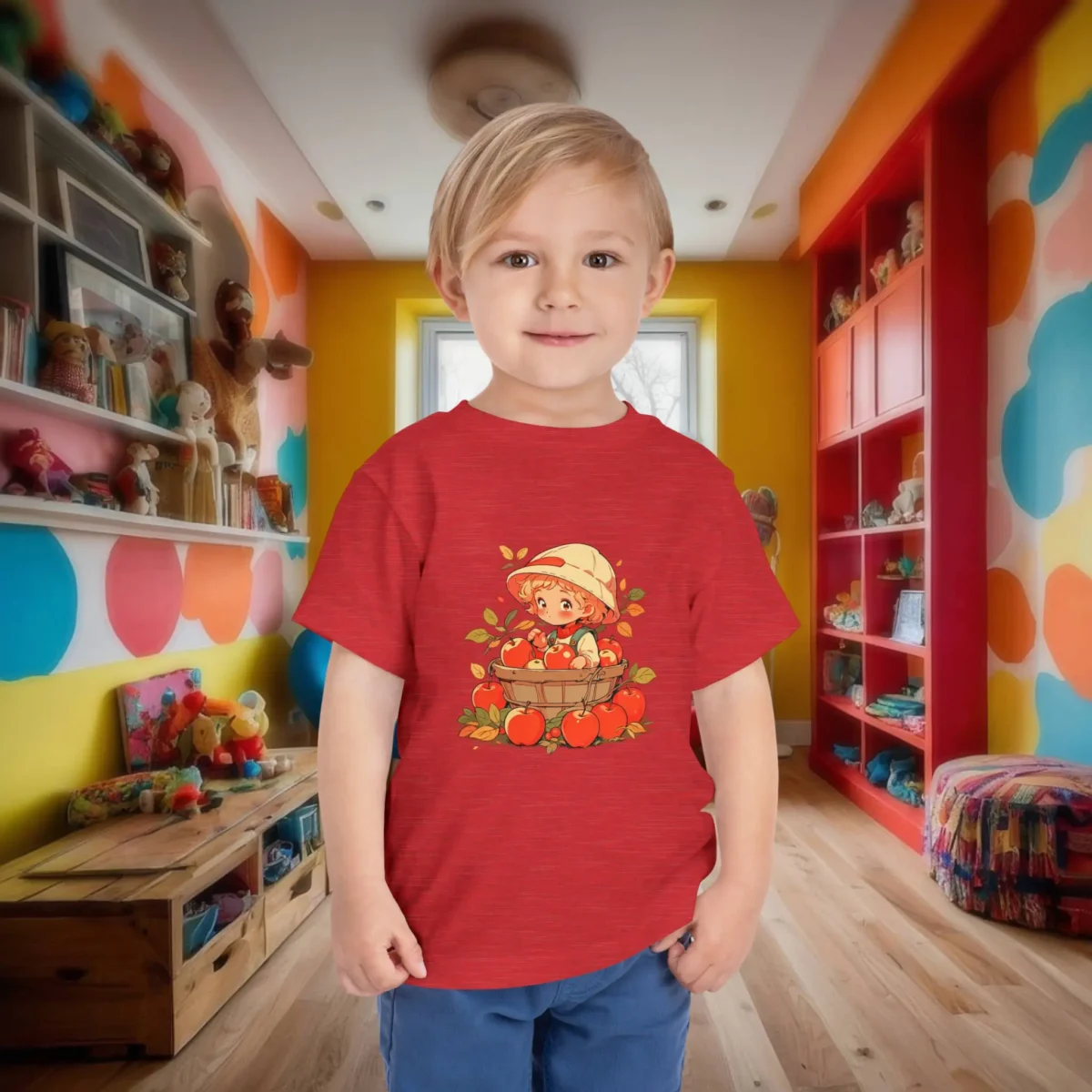 Toddler in a red t-shirt with a cartoon apple harvest design.